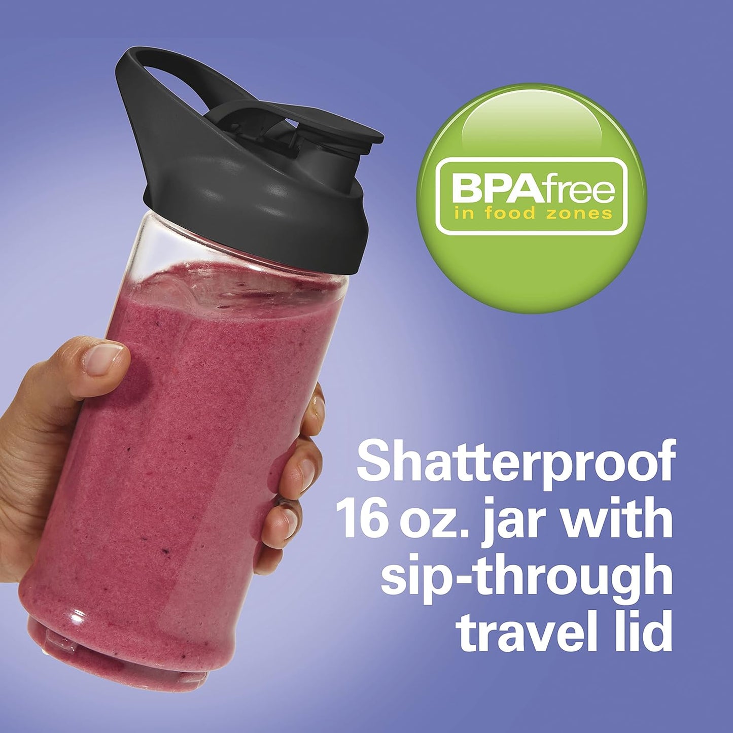 Mini Cordless Portable Personal Blender for Shakes and Smoothies, USB Rechargeable, 16 Oz. Jar with Leakproof Travel Lid, 6 Stainless Steel Blades, Black (51180)