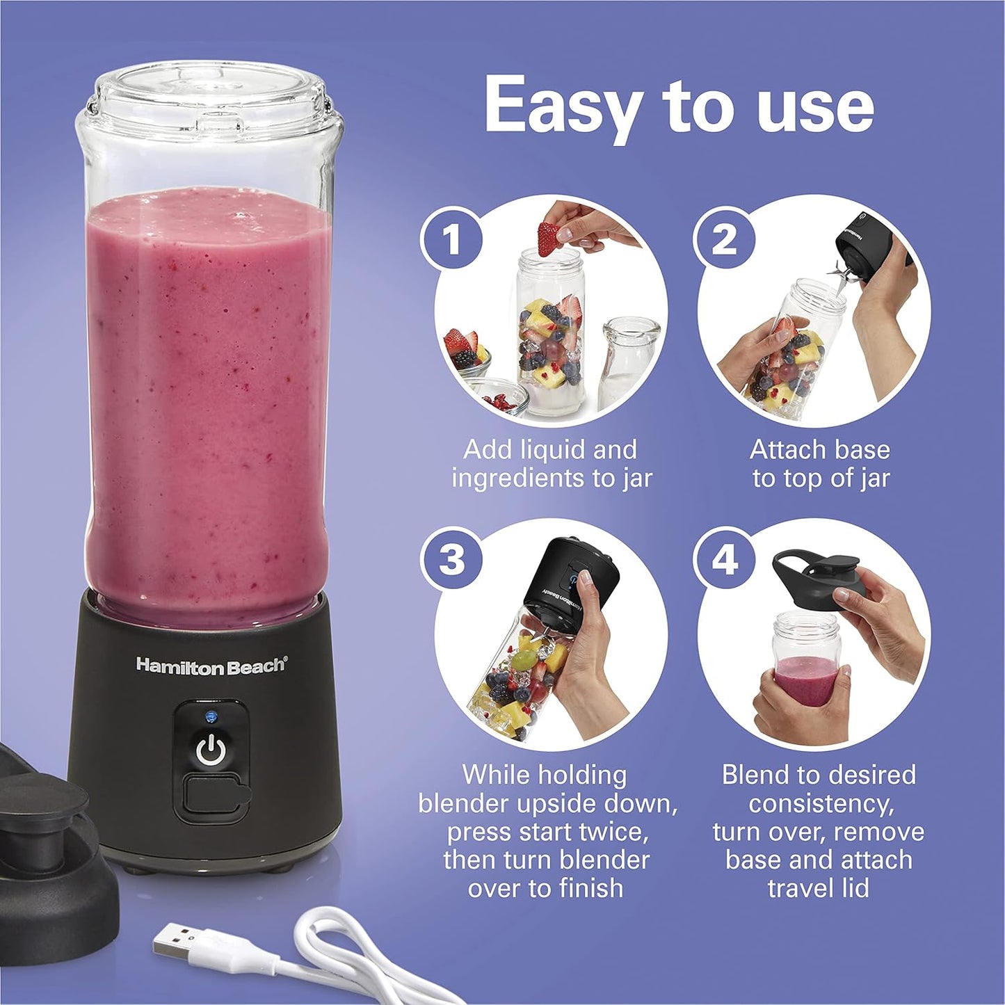 Mini Cordless Portable Personal Blender for Shakes and Smoothies, USB Rechargeable, 16 Oz. Jar with Leakproof Travel Lid, 6 Stainless Steel Blades, Black (51180)