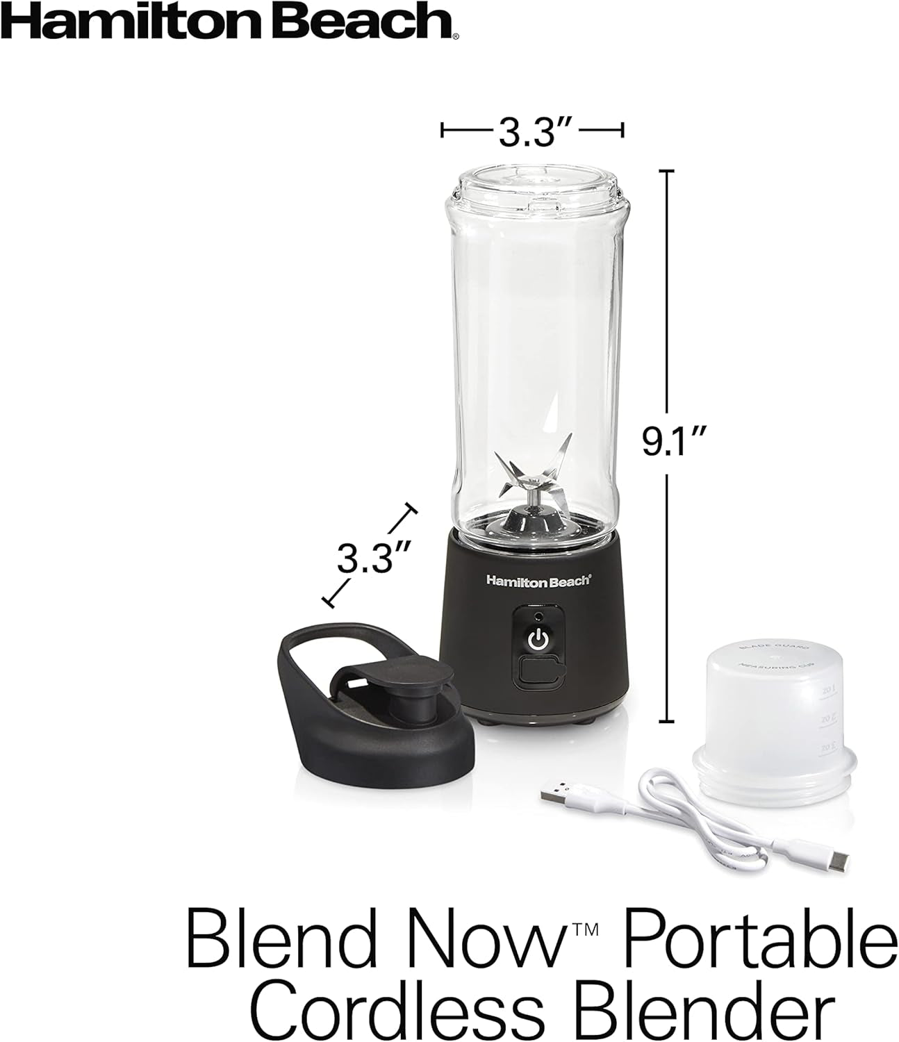 Mini Cordless Portable Personal Blender for Shakes and Smoothies, USB Rechargeable, 16 Oz. Jar with Leakproof Travel Lid, 6 Stainless Steel Blades, Black (51180)
