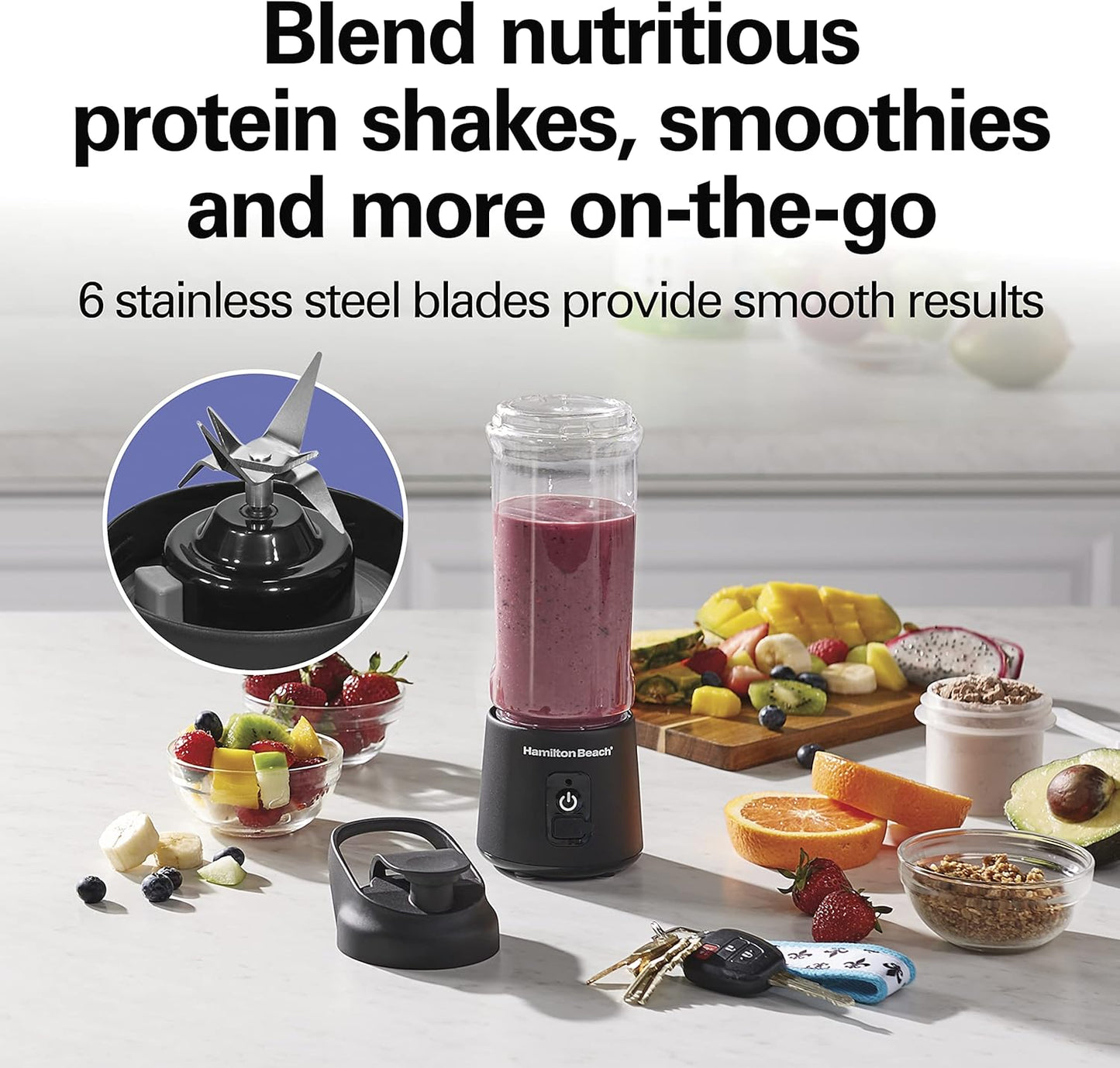 Mini Cordless Portable Personal Blender for Shakes and Smoothies, USB Rechargeable, 16 Oz. Jar with Leakproof Travel Lid, 6 Stainless Steel Blades, Black (51180)